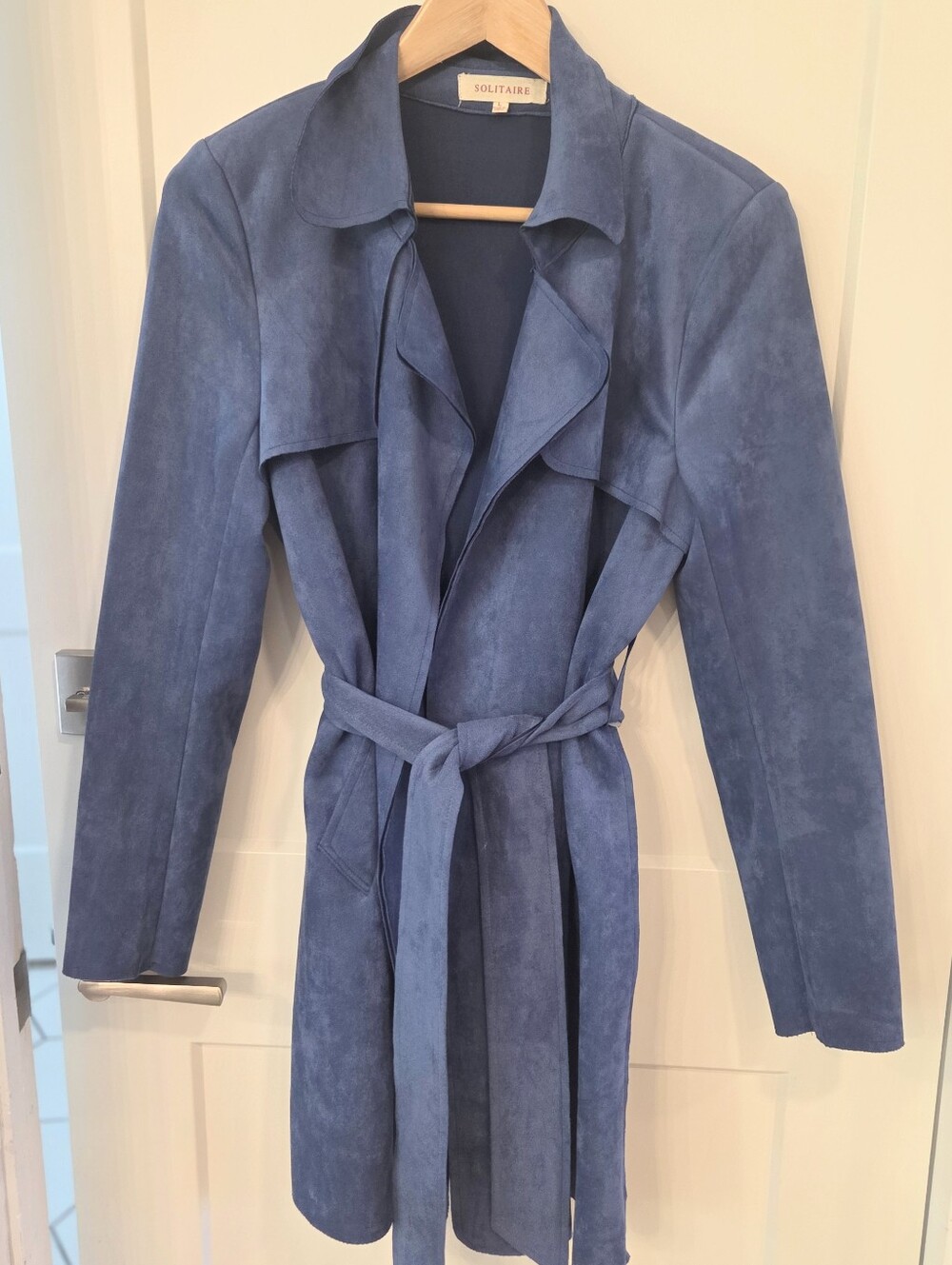 Solitaire Cornflower Blue Faux Suede Duster Trench Jacket Belted Minimalist L